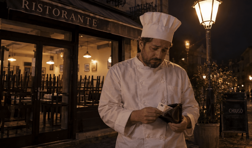Chef triste davanti a un locale vuoto
