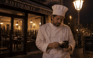 Chef triste davanti a un locale vuoto