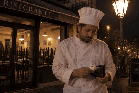 Chef triste davanti a un locale vuoto