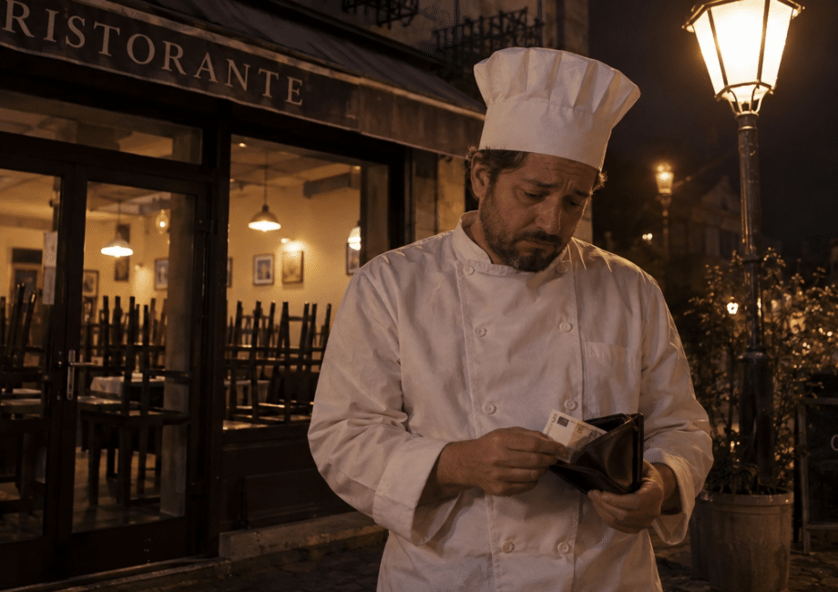 Chef triste davanti a un locale vuoto